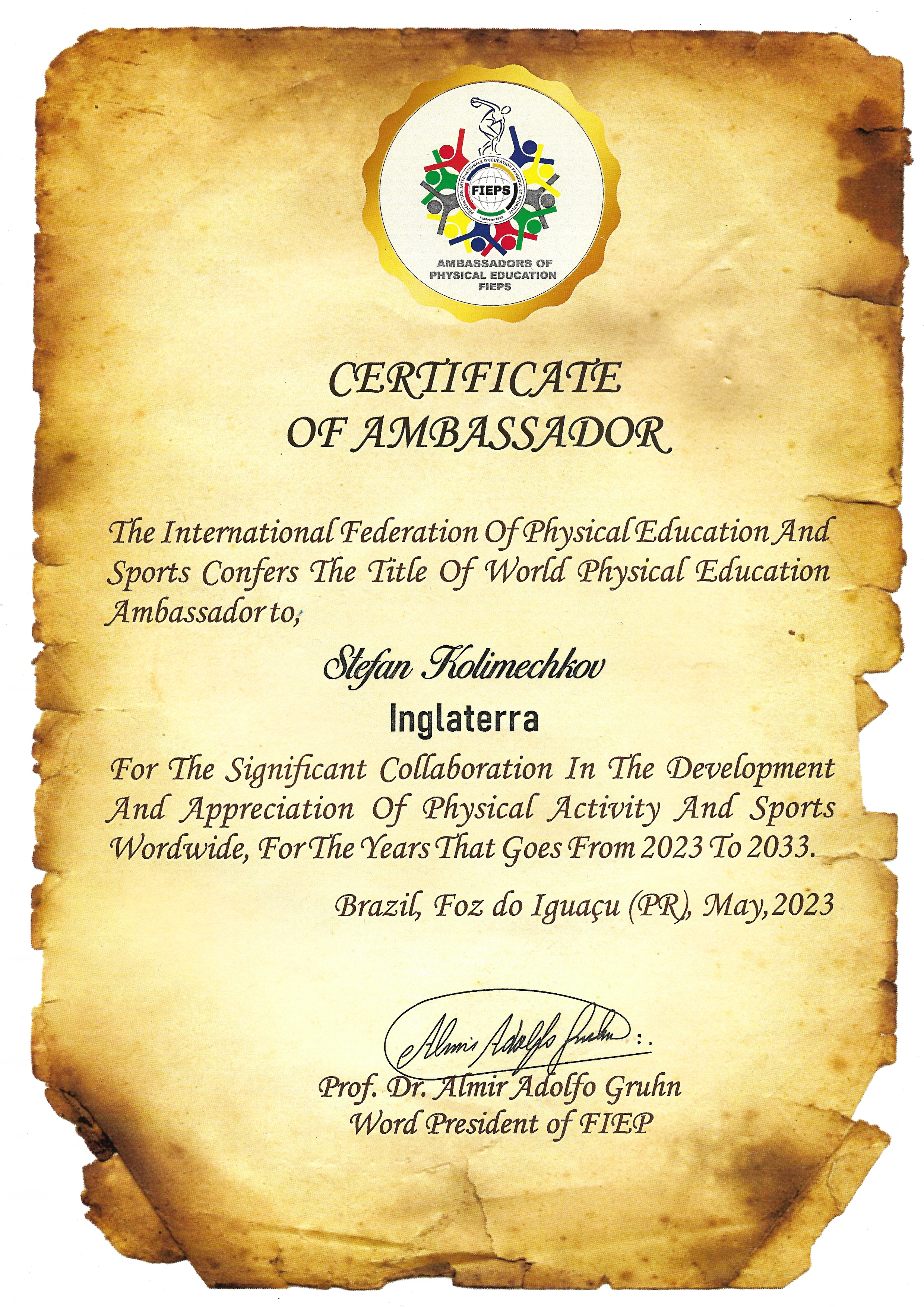 World Physical Education Ambassador - Kolimechkov