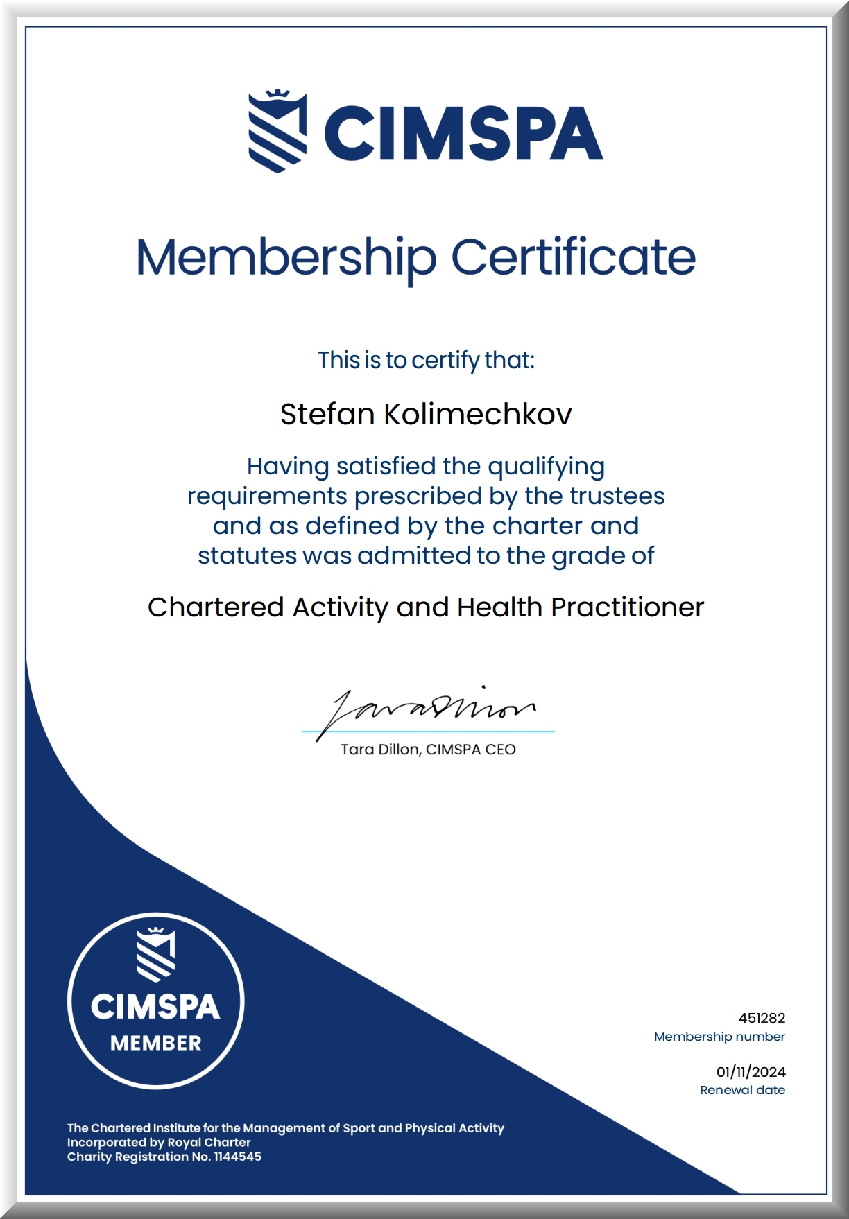 Chartered Activity and Health Practitioner MCIMSPA (ch)