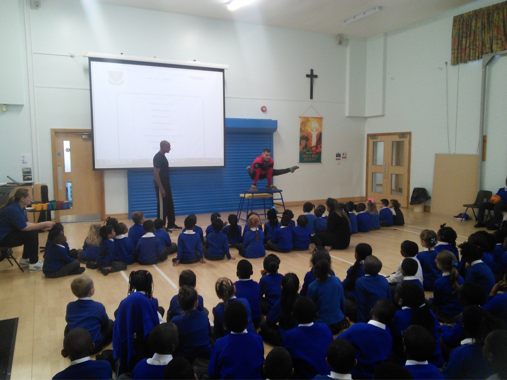 coach Stefan performs at St Edmund's Primary School, London