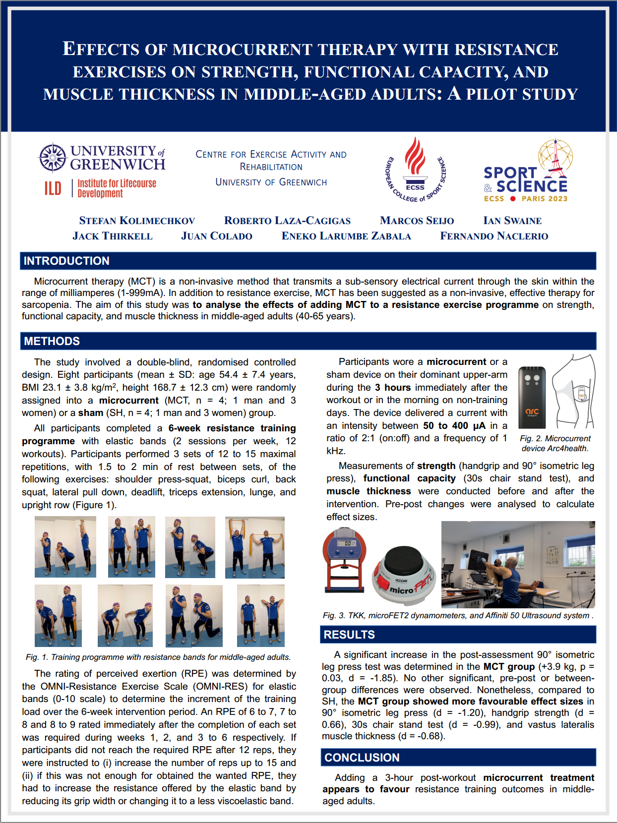 Effects of microcurrent therapy with resistance exercises on strength, functional capacity, and muscle thickness in middle-aged adults: A pilot study at the ECSS Congress in Paris 2023