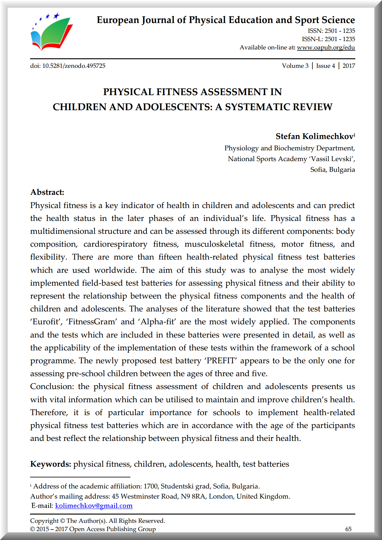 udeladt Lære udenad procedure Physical Fitness Assessment in Children and Adolescents: Review Article