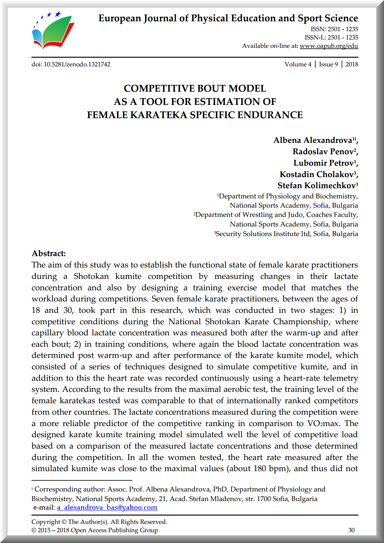 Competitive bout model as a tool for estimation of female karateka specific endurance (2018)