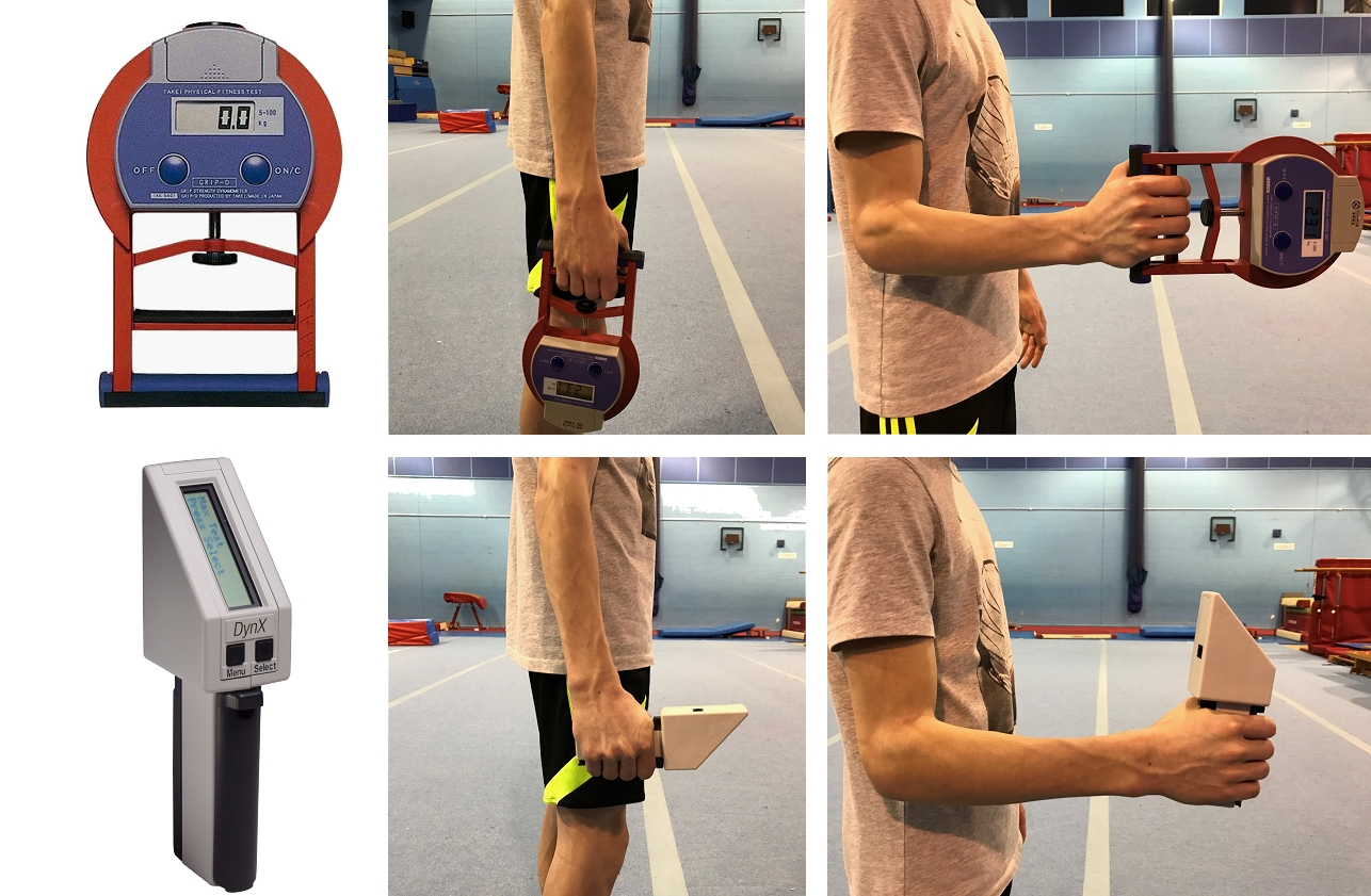 Handgrip strength test with fully extended and flexed elbow, using TKK and DynX dynamometers